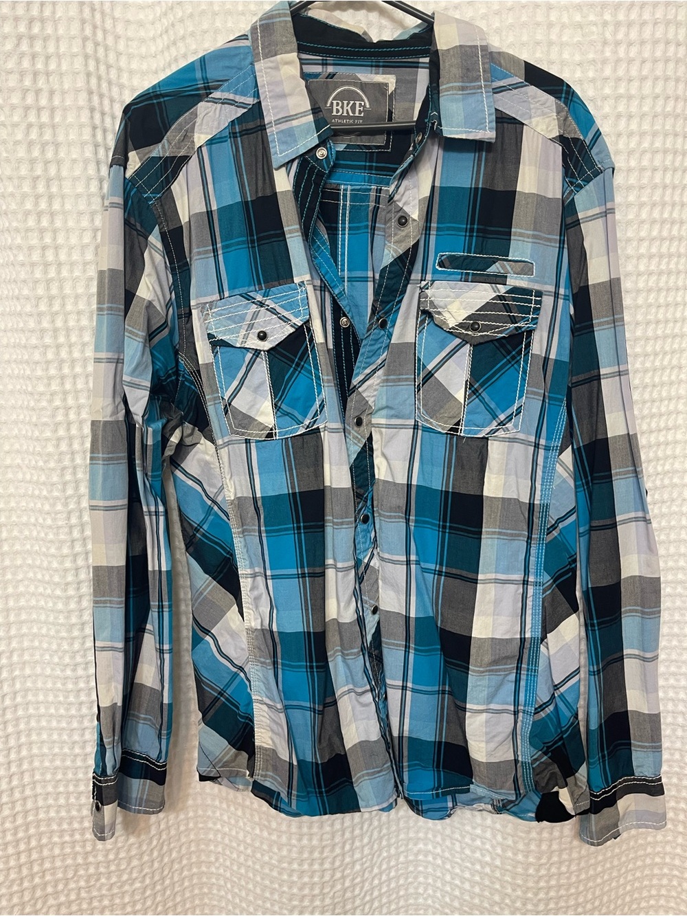 BKE Men's Athletic fit Teal Blue Black Plaid Button-Down Shirt